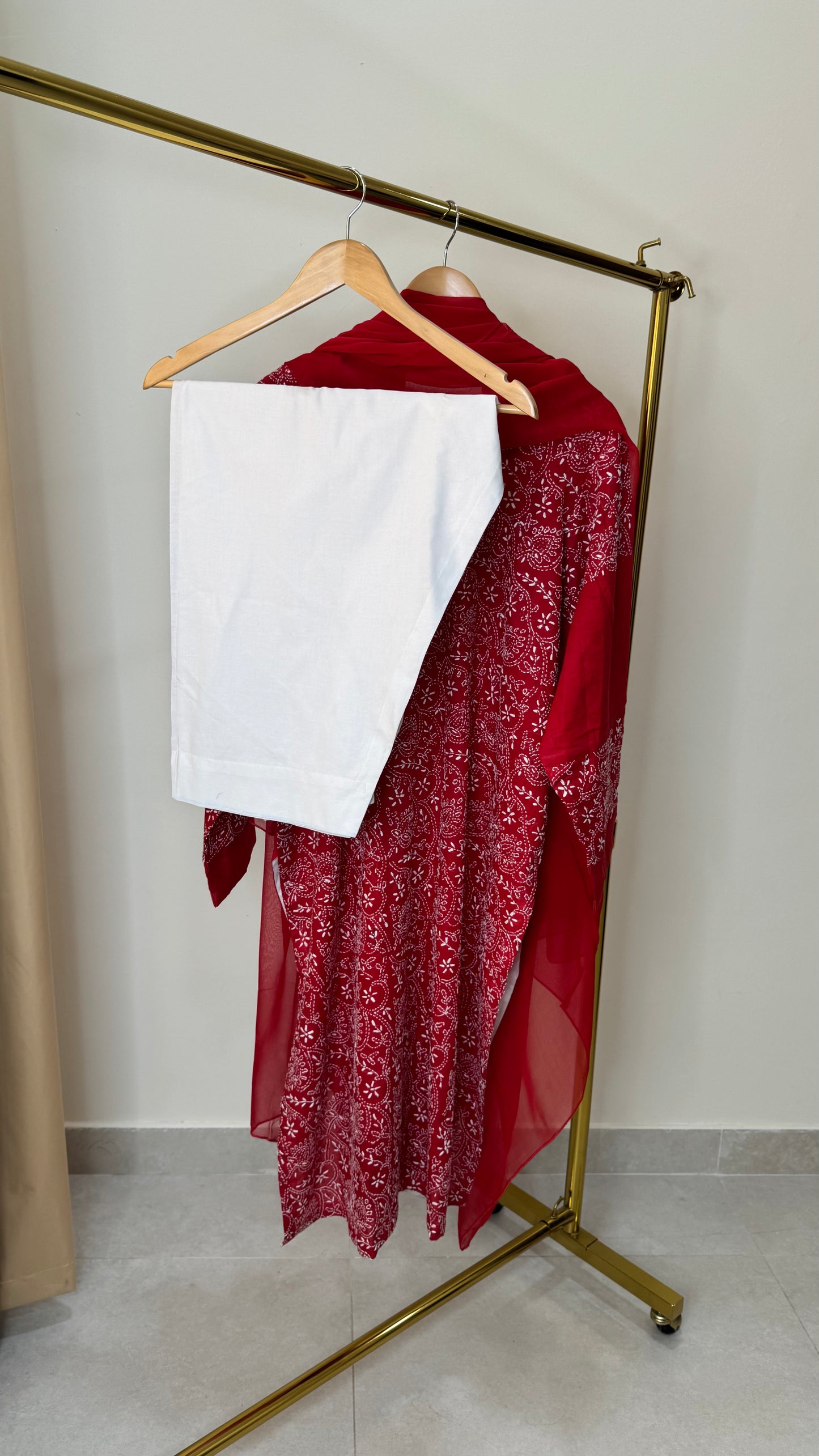 Chikankari on lawn with white palazzo
