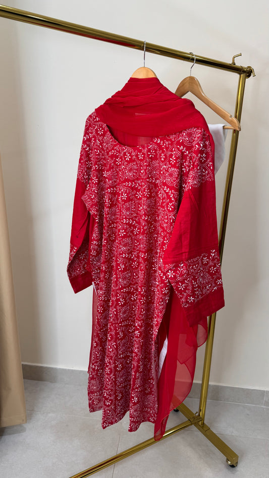 Chikankari on lawn with white palazzo