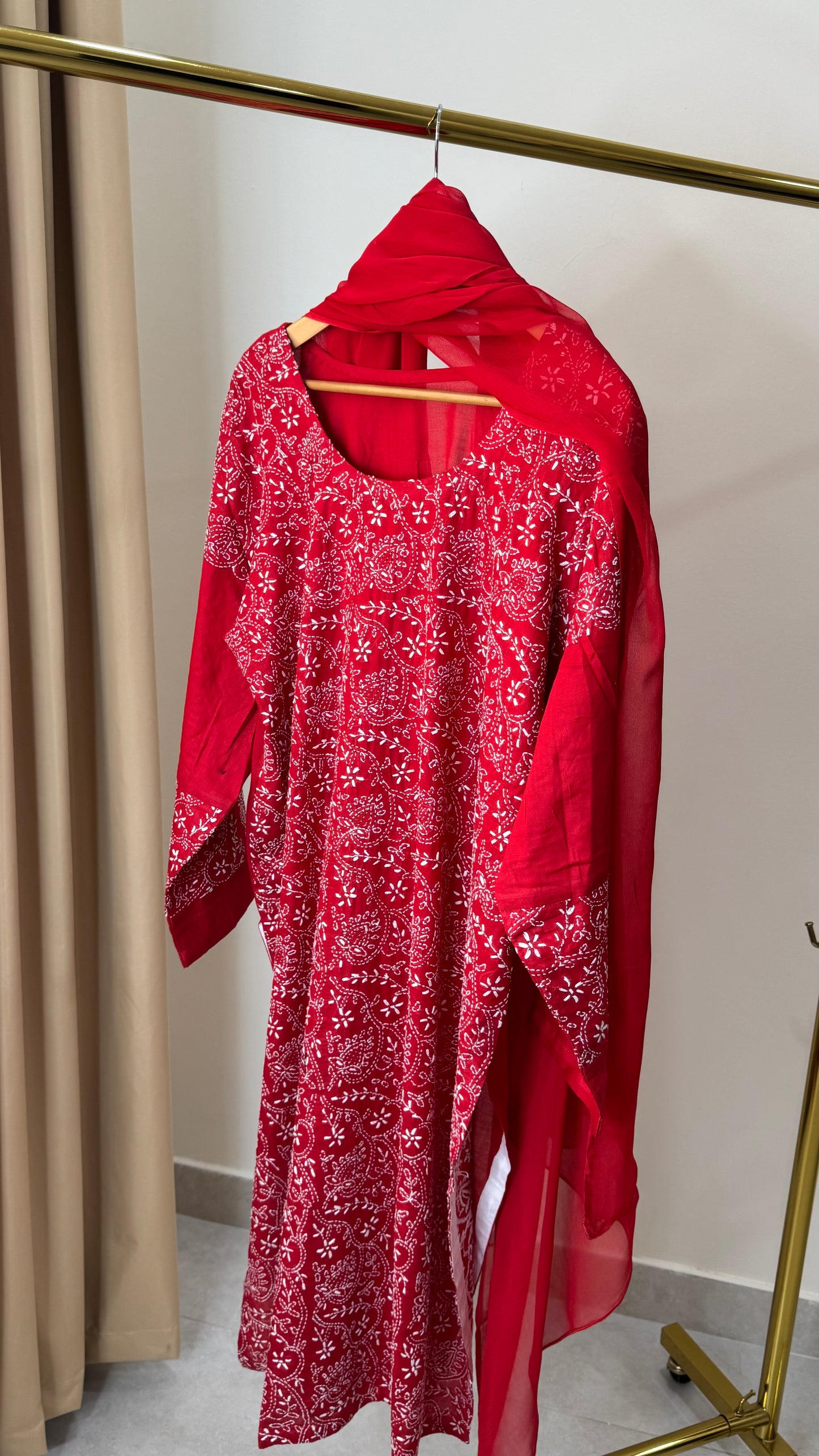 Chikankari on lawn with white palazzo